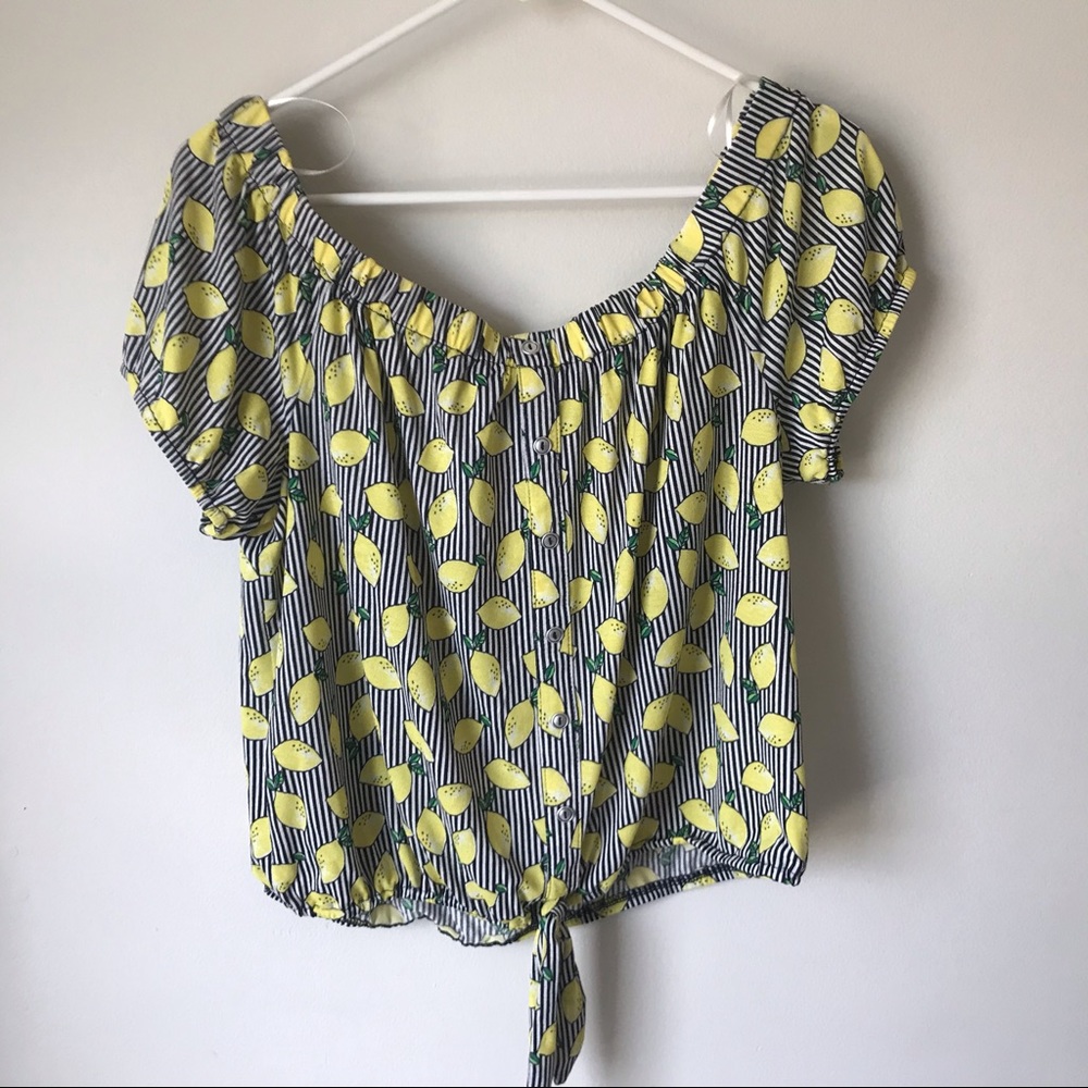 Off the shoulder lemon black and white striped top